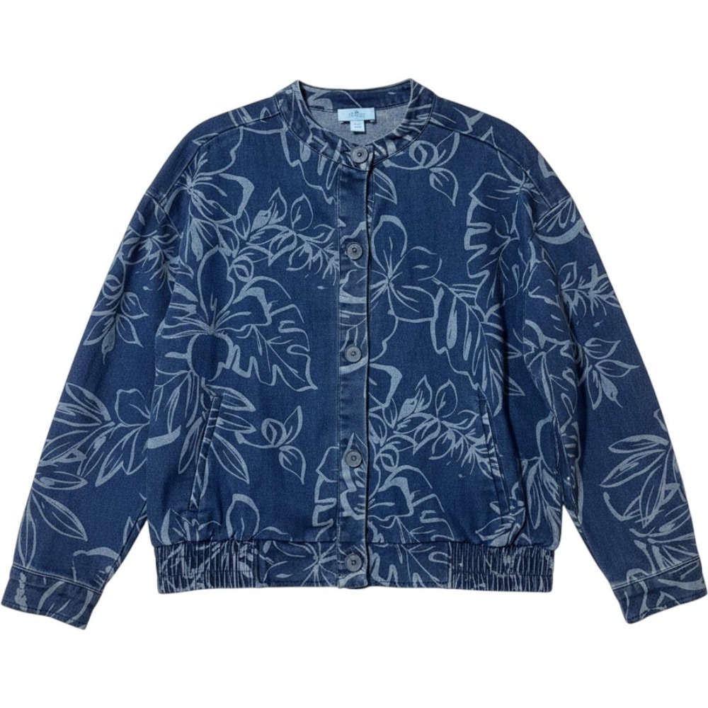 CeCe Womens Blue Floral Denim Bomber Jacket Smocked Hem Size L Tropical Print